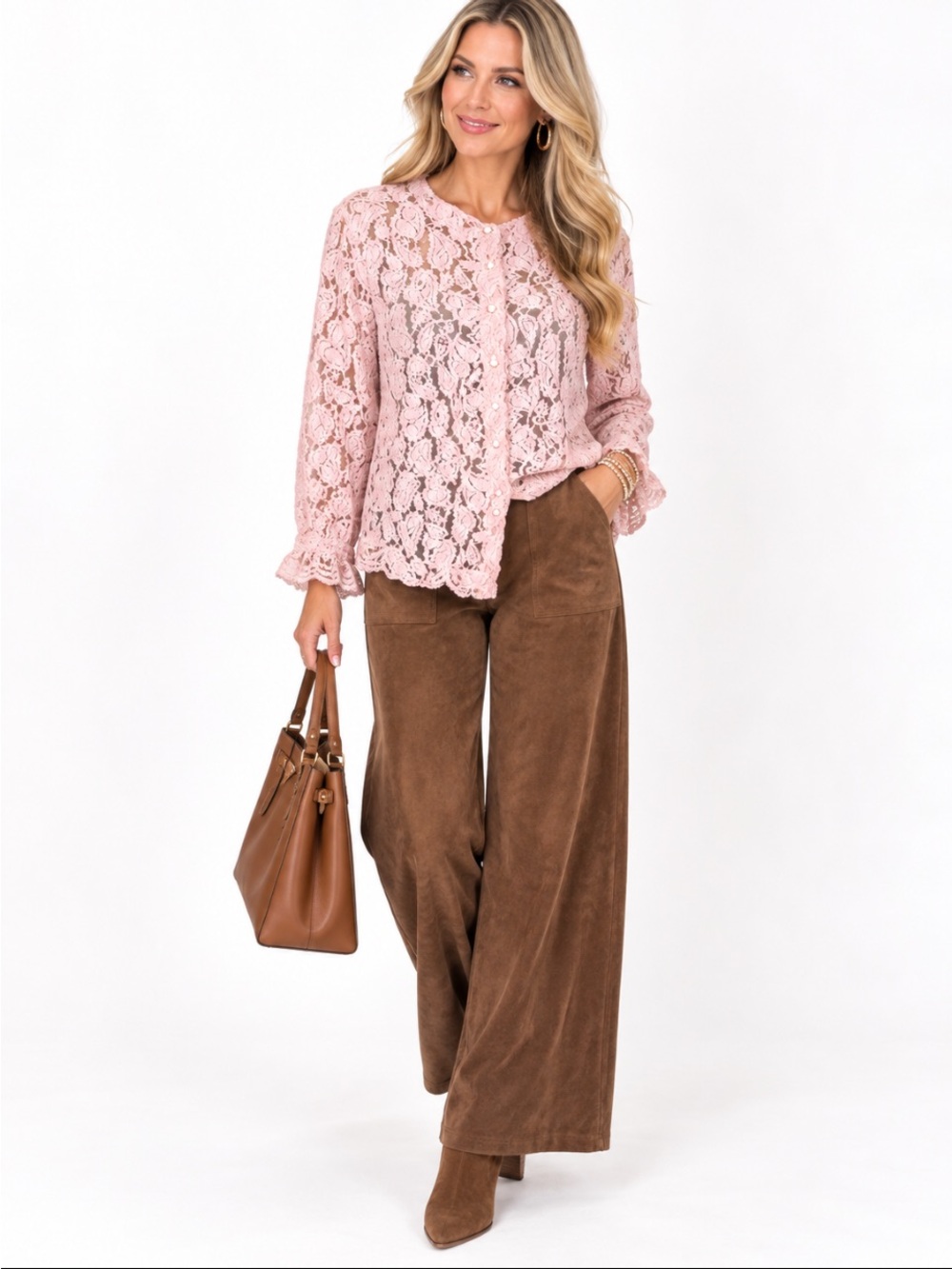 PRETTYGARDEN Pink Floral Lace Button Front Cardigan Blouse Size XL